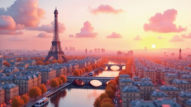 A pink autumn sunset over the Seine