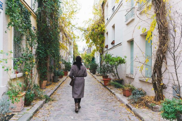 A solitary figure walking down a quiet, leafy Parisian street